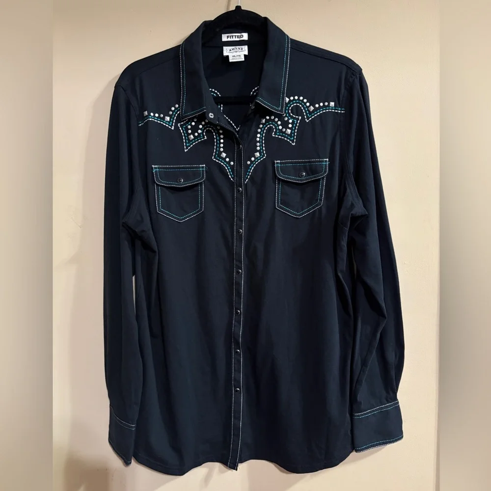 ARIAT Black Western Knit Shirt with Studded & Embroidered Design XXL - Picture 1 of 9